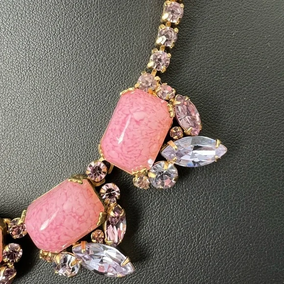 Vtg Hattie Carnegie 1950's Pink Purple Glass Gold Tone Necklace